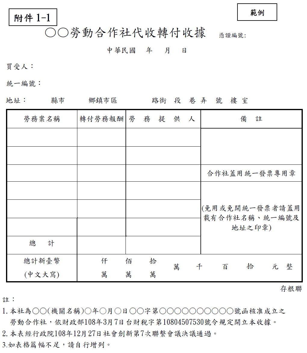 勞動合作社代收轉付收據範例格式 勞動合作社代收轉付收據範例格式