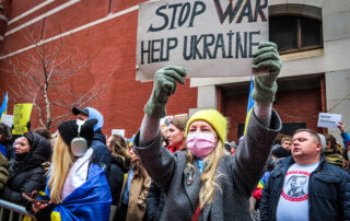 Crowd on protest against war on ukraine
